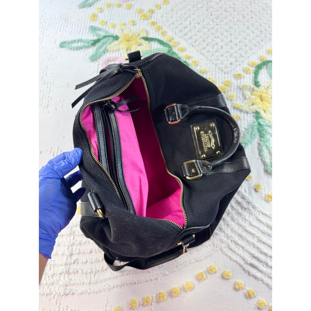 Victorias Secret Black Canvas Duffel Bag Gold Logo Pink Lining Crossbody Satchel - Picture 8 of 10